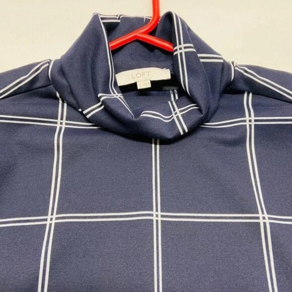 LOFT Ann Taylor Shift Dress Women's Small Navy White Grid Turtleneck Midi EUC - Picture 11 of 11